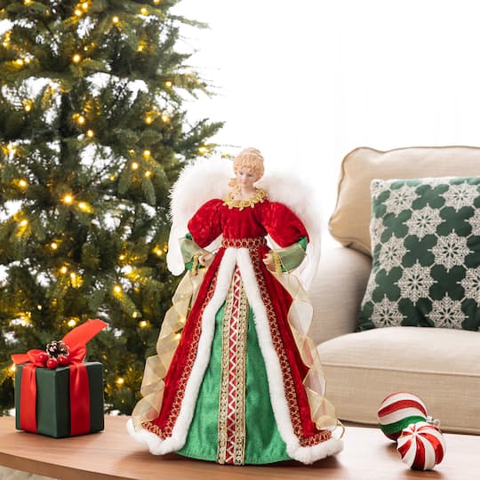 Glitzhome® 18" Faux Fur & PVC Traditional Christmas Angel Tree Topper with Porcelain Face
